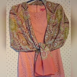 🍊 Scarf large coral lime green color polyester large so pretty 41" x 74" w…